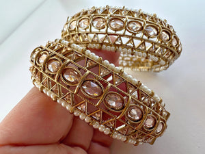 Openable Gold Kundan Polki Bangles pair/Polki Kundan antique finish Pearl Bangles /Indian Jewelry/Dull gold kundan bangles/Indian Wedding