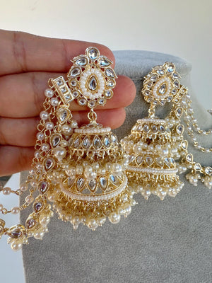 Bahubali Kundan Pearl Jhumka Earrings Set With Earchain Sahare /Bahubali Kundan & Pear Jhumka / Indian Jewelry/ Bridesmaid Gifts