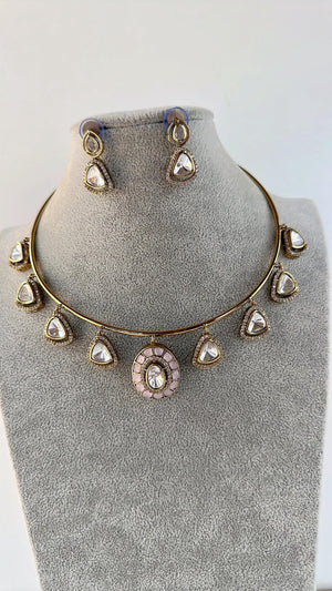 Polki Kundan Moissanite Pink hasli necklace /Polki Kundan Stone wedding Necklace / Indian Bridal pink Jewelry/Indian Wedding jewelry