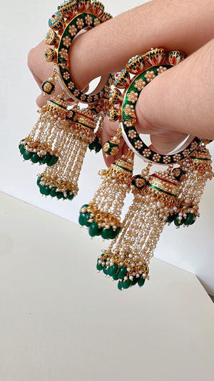 Restocked Bridal Rajwadi Kada with kalira jhumka / Sangeet Kada/ Emerald Rajwadi Kada /Indian Wedding jewelry/Baby Shower bridal bangles