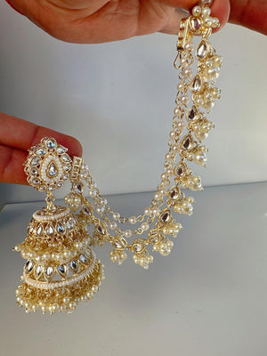 Bahubali Kundan Pearl Jhumka Earrings Set With Earchain Sahare /Bahubali Kundan & Pear Jhumka / Indian Jewelry/ Bridesmaid Gifts