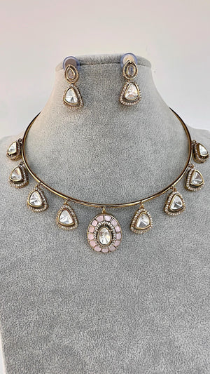 Polki Kundan Moissanite Pink hasli necklace /Polki Kundan Stone wedding Necklace / Indian Bridal pink Jewelry/Indian Wedding jewelry