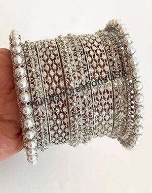Silver Kundan Pearl Bangles 8 PC/Indian Bangles/ Indian jewelry/wedding jewelry/Silver Kundan bangles/Silver Polki kundan pearl bangles