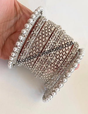 Silver Kundan Pearl Bangles 8 PC/Indian Bangles/ Indian jewelry/wedding jewelry/Silver Kundan bangles/Silver Polki kundan pearl bangles