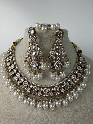 White Pearl Meenakari Kundan Necklace Set with long jhumka and Tikka /Kundan Choker/bridal necklace/Indian wedding jewelry/