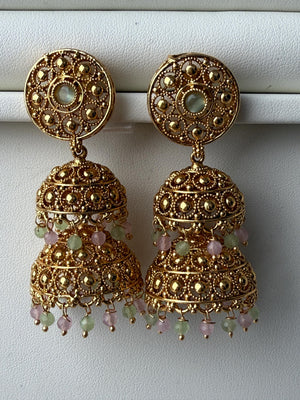 Kundan Polki Mint Pink color double Jhumka /Earrings Temple Jewelry /Wedding special Gold Jhumkas /Indian wedding/Kundan Jhumka