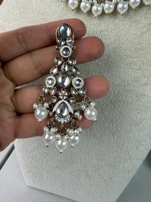 White Pearl Meenakari Kundan Necklace Set with long jhumka and Tikka /Kundan Choker/bridal necklace/Indian wedding jewelry/
