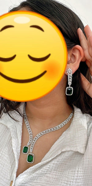 Silver Diamond emerald Necklace /Indian jewelry/ CZ 2 tone diamond Choker/Bridal choker/Diamond Jewelry / Indian Necklace/diamond necklace