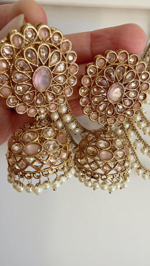 Antique polki Kundan bahubali Baby pink Earrings Set With detachable Earchain Sahare /baby pink Jhumka Polki Earrings / Indian Jewelry