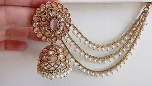 Antique polki Kundan bahubali Baby pink Earrings Set With detachable Earchain Sahare /baby pink Jhumka Polki Earrings / Indian Jewelry