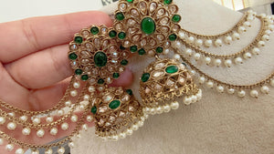 Antique polki Kundan bahubali Green Earrings Set With detachable Earchain Sahare / Green Jhumka Polki Earrings / Indian Jewelry