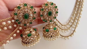Antique polki Kundan bahubali Green Earrings Set With detachable Earchain Sahare / Green Jhumka Polki Earrings / Indian Jewelry