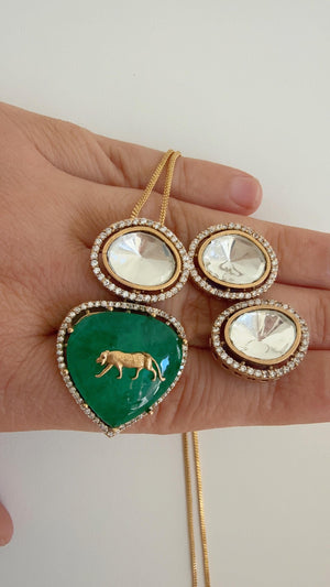 Sabyasachi Inspired Pendant Set with Jaguar on Natural Stone/Kundan Moissanite Necklace studs set / Indian Jewelry/Moissanite Pendant Set
