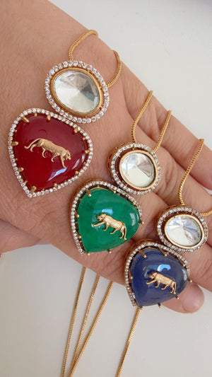 Sabyasachi Inspired Pendant Set with Jaguar on Natural Stone/Kundan Moissanite Necklace studs set / Indian Jewelry/Moissanite Pendant Set