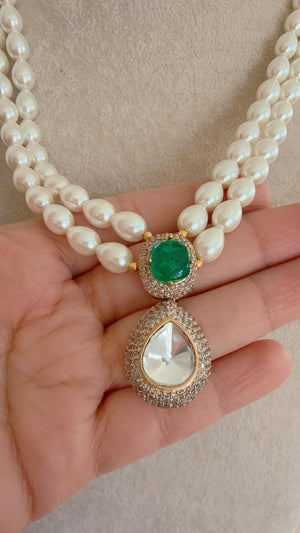 Gold Finish Emerald Stone & Pearl Long Necklace Set/Moissanite Kundan Mala green Necklace Set/Sabyasachi Inspired Moissanite necklace set
