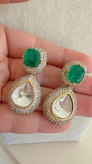 Gold Finish Emerald Stone & Pearl Long Necklace Set/Moissanite Kundan Mala green Necklace Set/Sabyasachi Inspired Moissanite necklace set