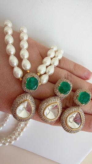 Gold Finish Emerald Stone & Pearl Long Necklace Set/Moissanite Kundan Mala green Necklace Set/Sabyasachi Inspired Moissanite necklace set