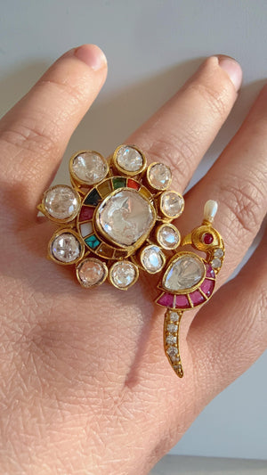 Navratan Bridal Kundan Moissanite kundan Ring/ Contemporary Diamond Navratna Gold Ring/Gold Bird Moissanite Ring/diamond bridal Ring