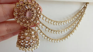 Antique polki Kundan bahubali Baby pink Earrings Set With detachable Earchain Sahare /baby pink Jhumka Polki Earrings / Indian Jewelry