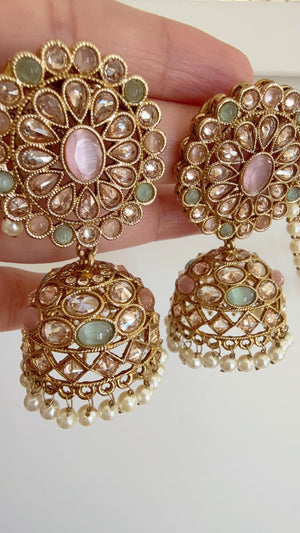 Antique polki Kundan bahubali Mint pink Earrings Set With detachable Earchain Sahare /Mint Pink Jhumka Polki Earrings / Indian Jewelry