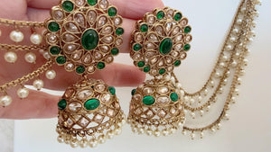 Antique polki Kundan bahubali Green Earrings Set With detachable Earchain Sahare / Green Jhumka Polki Earrings / Indian Jewelry