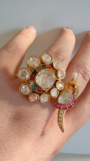 Navratan Bridal Kundan Moissanite kundan Ring/ Contemporary Diamond Navratna Gold Ring/Gold Bird Moissanite Ring/diamond bridal Ring