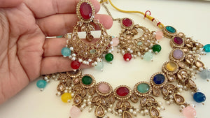 Antique Multi color kundan Polki Kundan necklace Set Chandbali and Tikka /bridal necklace/Indian wedding jewelry/Bridal necklace set/