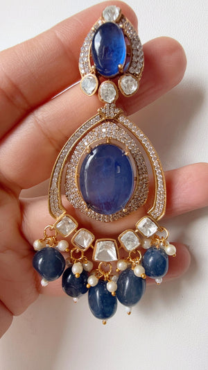 Blue Sapphire Doublet Stone Moissanite kundan Earrings/Elegant Statement Jewelry/ Finish Moissanite Polki Earrings/Bridal Diamond earrings