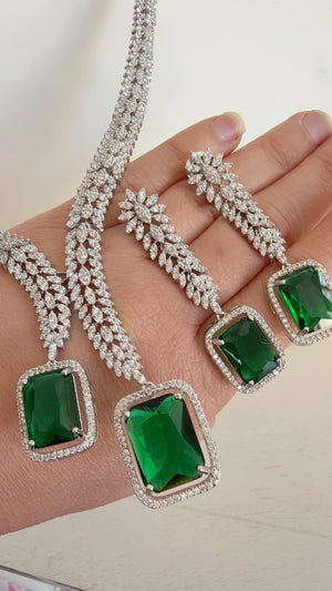 Silver Diamond emerald Necklace /Indian jewelry/ CZ 2 tone diamond Choker/Bridal choker/Diamond Jewelry / Indian Necklace/diamond necklace