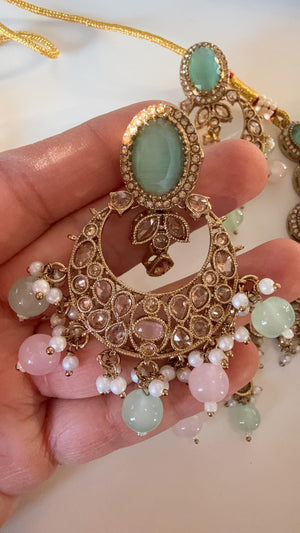 Antique Mint Pink kundan Polki Kundan necklace Set Chandbali and Tikka /bridal necklace/Indian wedding jewelry/Bridal necklace set/