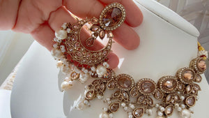 Antique gold kundan Polki Kundan necklace Set Chandbali and Tikka /bridal necklace/Indian wedding jewelry/Bridal necklace set/
