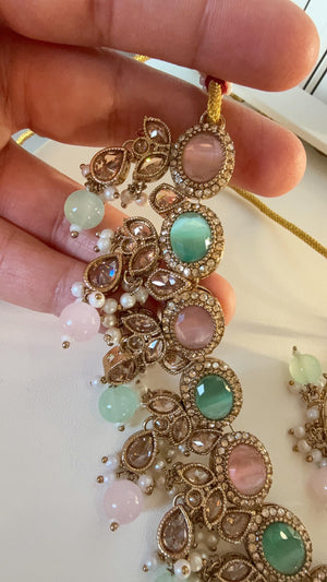 Antique Mint Pink kundan Polki Kundan necklace Set Chandbali and Tikka /bridal necklace/Indian wedding jewelry/Bridal necklace set/