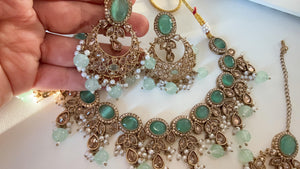 Antique Mint kundan Polki Kundan necklace Set Chandbali and Tikka /bridal necklace/Indian wedding jewelry/Bridal necklace set/