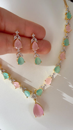 Gold single line simple elegant Mint pink diamond necklace /Indian jewelry/ CZ Choker/Diamond jewelry/ Indian Necklace/ diamond necklace