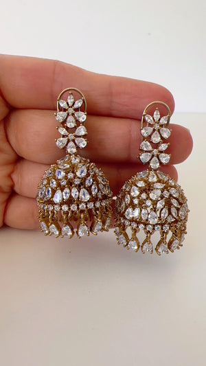 2 Tone gold Luminous diamond jhumka Earrings next to real/ Indian Jewelry Indian Earrings/American Diamond jhumka/CZ Earrings/