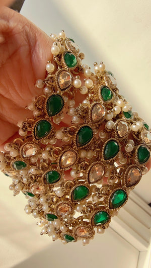 Bridal Green chooda Green Emerald Kundan Pearl Bangles 4 PC/Indian Bangles/ Indian jewelry/wedding jewelry/green Kundan bangles/