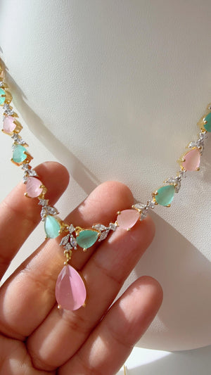 Gold single line simple elegant Mint pink diamond necklace /Indian jewelry/ CZ Choker/Diamond jewelry/ Indian Necklace/ diamond necklace