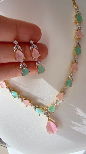 Gold single line simple elegant Mint pink diamond necklace /Indian jewelry/ CZ Choker/Diamond jewelry/ Indian Necklace/ diamond necklace