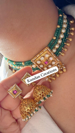 Traditiona lKundan Polki choker with jhumka /Rajwadi finish green Choker Necklace /Temple jewelry/Indian jewelry/Indian Wedding jewelry