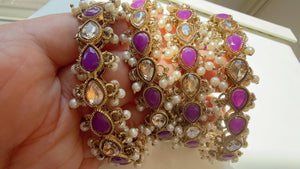 New arrival big polki size Purple Kundan Pearl Bangles 4 PC/Indian Bangles/wedding jewelry/Purple Kundan bangles/Polki Kundan bangles