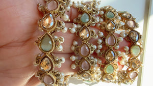 Mint pink Kundan Bangles/Polki Kundan Pearl Bangles Set(4 Pc) /Indian Jewelry/ mint pink Kundan Bangles/Mint pink bangles/Indian Bangles