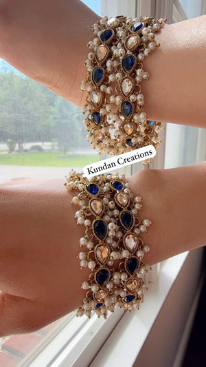 Blue Kundan Pearl Bangles 4 PC/Indian Bangles/ Indian jewelry/wedding jewelry/Blue Kundan bangles/Polki Kundan Blue bangles