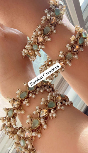 Mint Kundan Pearl Bangles 4 PC/Indian Bangles/ Indian jewelry/wedding jewelry/Mint Kundan bangles/Polki Kundan bangles