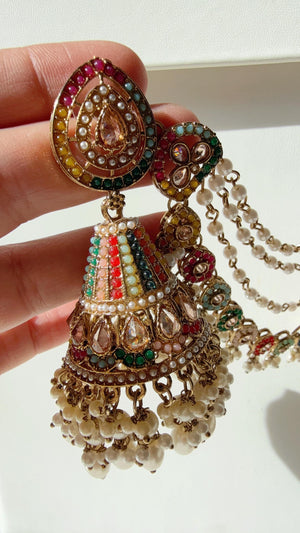 Antique polki Kundan bahubali Multi Earrings Set With Earchain Sahare /Gold Jhumka Polki Earrings / Indian Jewelry