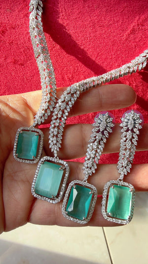 Silver Diamond emerald Necklace /Indian jewelry/ CZ 2 tone diamond Choker/Bridal choker/Diamond Jewelry / Indian Necklace/diamond necklace