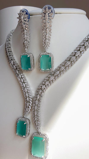 Rhodium silver Diamond Mint Necklace /Indian jewelry/ White Finish Diamond Mint Stone Necklace Set/Silver tone CZ Bridal Jewelry