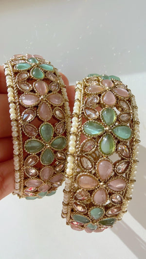 Openable Mint PInk Kundan Polki bridal Bangles kada pair/antique Finished Kundan Polki wide Kada/Indian Jewelry/Mint Pink Kundan Kangan