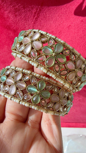 Openable Mint PInk Kundan Polki bridal Bangles kada pair/antique Finished Kundan Polki wide Kada/Indian Jewelry/Mint Pink Kundan Kangan