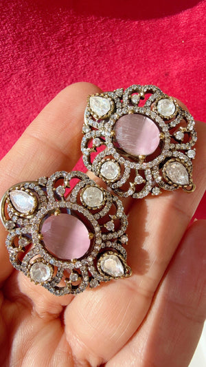 Baby pink Moissanite precious Stone stud Earrings/Moissanite diamond Kundan Studs /Indian Jewelry /Statement Stud Earring/