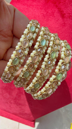 Mint pink Kundan Bangles/Polki Kundan Pearl Bangles Set(4 Pc) /Indian Jewelry/ mint pink Kundan Bangles/Mint pink bangles/Indian Bangles